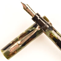 Mabie Todd Swan Lever Filler in silvery grey, gold and black pearl marble - Oblique nib