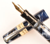 Mabie Todd Blackbird 5242 Lever Filler in light and dark blue pearl marble - Broad nib
