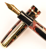 Burnham B48 Lever Filler in silver veined pearl red & black marble - Medium nib
