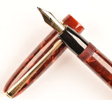 Mabie Todd Blackbird in red pearl marble, Gold trim - Broad nib