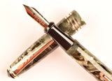 De La Rue Onoto lever pen in black veined silver pearl marble, Gold trim - Fine nib