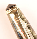 De La Rue Onoto lever pen in black veined silver pearl marble, Gold trim - Fine nib