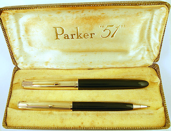 Parker 51 Custom Pen/Pencil Set in forest green, Gold caps - Fine nib