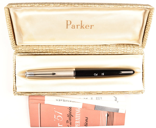 Parker 51 Classic in black, Steel cap, boxed - Fine Oblique nib